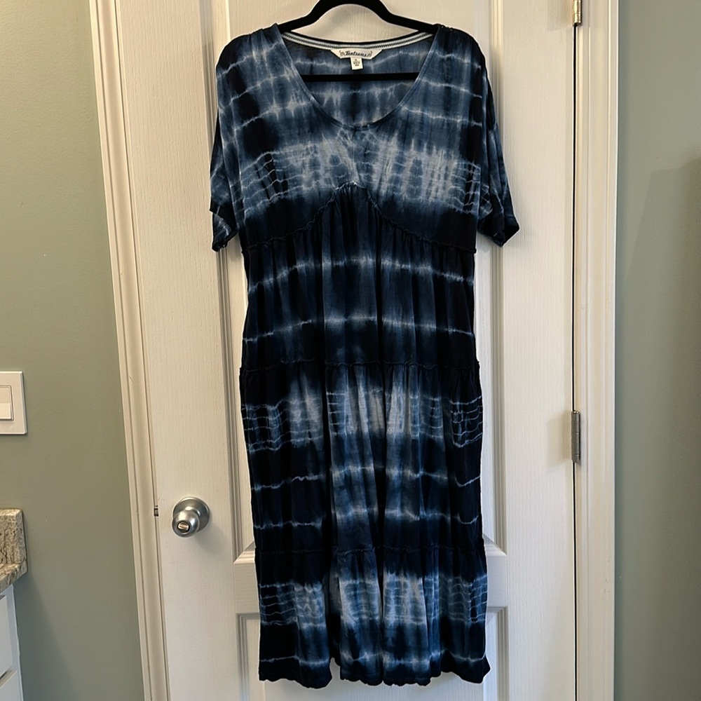 Tantrums Maxi Boho Dress with ruffle tiers in blue and white size XL